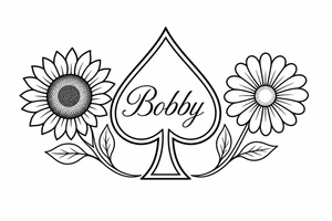 Bobby middle center inside the middle of the spade with a sunflower and a daisy on each side of the spade very super extremely traceable to trace onto notebook paper, very super extremely easy and simple traceable tracing black and white outlining outline coloring pages very super extremely traceable to trace onto notebook paper tattoo idea