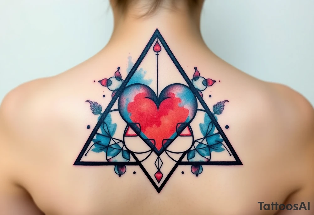 A triangle with a big heart in the center with a science theme tattoo idea