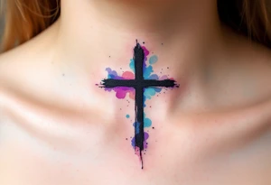 Abstract Watercolor Cross – A small black cross outlined in watercolor splashes of purple, blue, and pink, fading gently into the skin for a vibrant, artistic look. tattoo idea