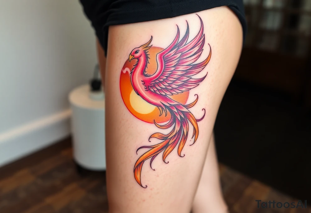 magnificent phoenix rising from flames with trailing embers pinks golds orange and yellows with a golden sunset and sky backdrop tattoo idea