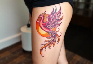 magnificent phoenix rising from flames with trailing embers pinks golds orange and yellows with a golden sunset and sky backdrop tattoo idea