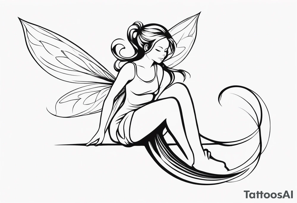 Minimalistic, monochromatic fairy with a tail flying to the left in a fetal position, leaning and looking in the same direction, with visible hands, embodying the 'Fairy Tail' logo aesthetic. tattoo idea