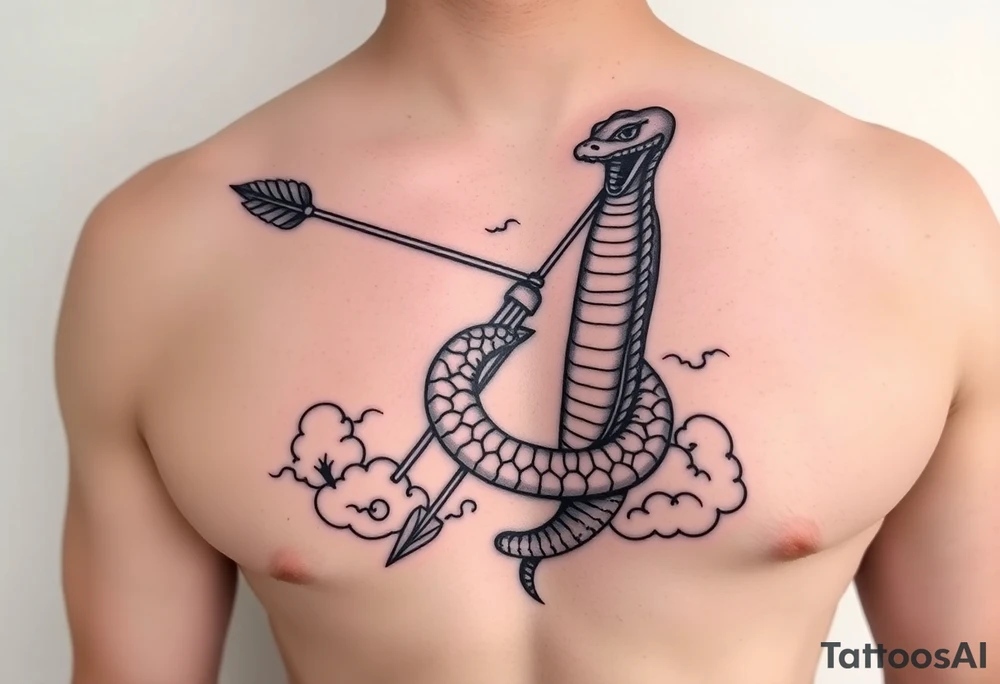 snake with bow and arrow with dragon around chest and have clouds as background
, tattoo idea