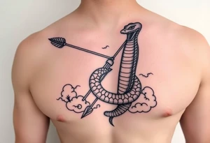 snake with bow and arrow with dragon around chest and have clouds as background
, tattoo idea