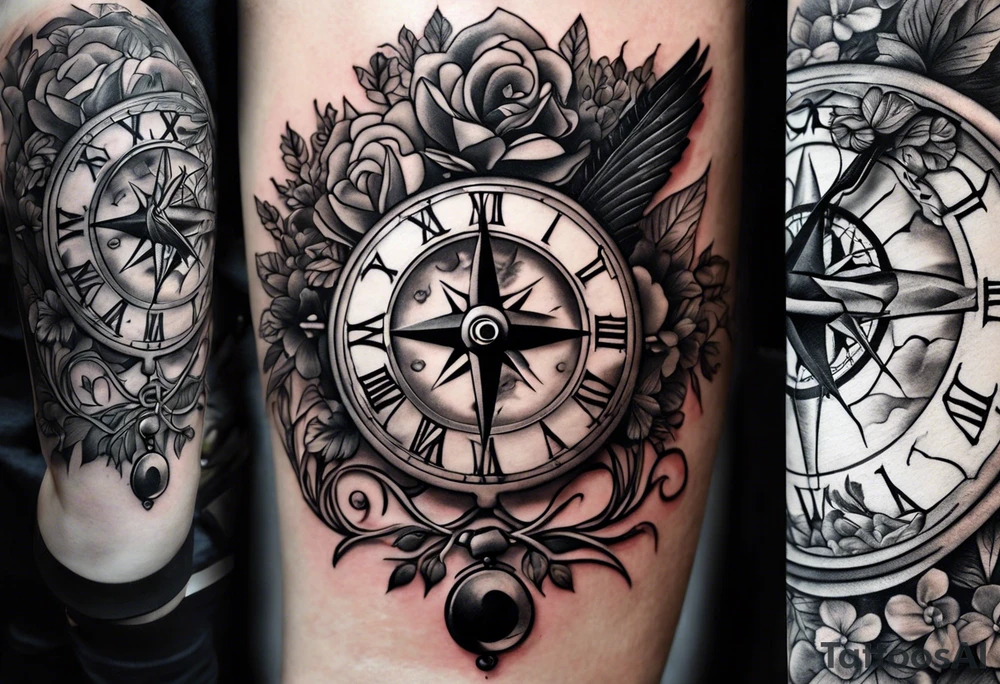 black and grey composition of four elements, 1) old school pocket watch in pieces 2) nautical compass in pieces, 3) a tree of life and 4) a doctor bird, connected together by lignum vitae flowers, on the arm 3/4 sleeve black and grey tattoo idea
