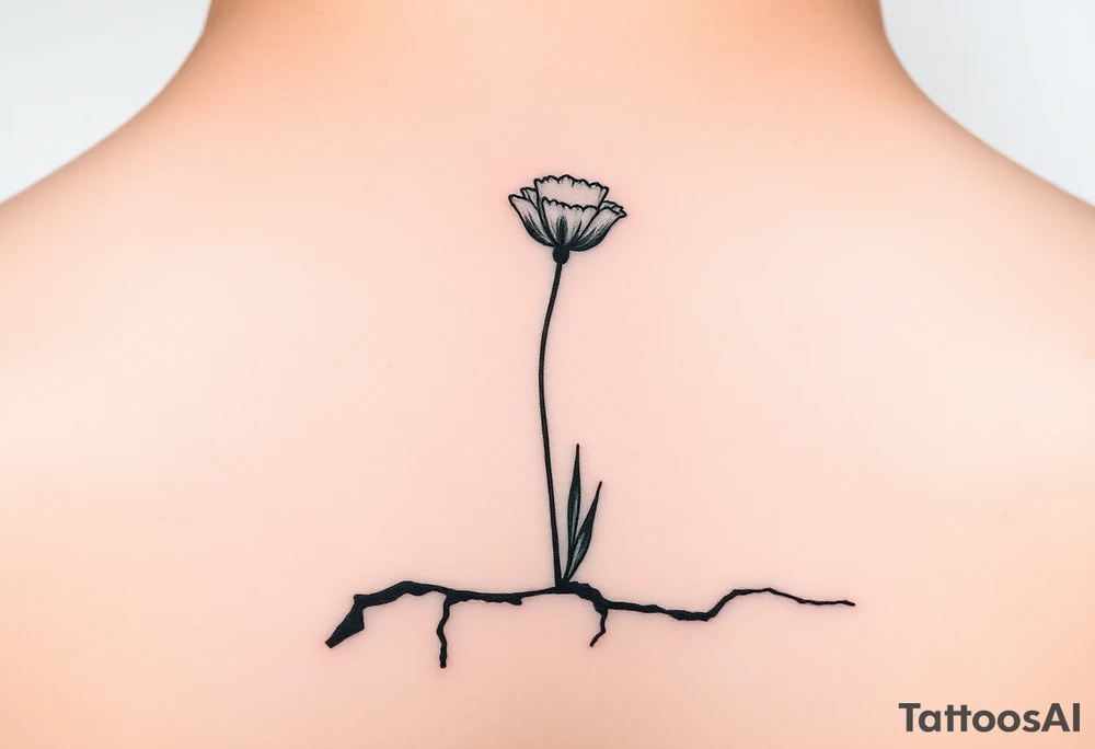 Simple line drawing style poppy growing up from cracks in pavement watercolor coloring on poppy only back of ankle/heel or back of upper arm, more artistic rendering of cracks, very minimal/simplistic design tattoo idea