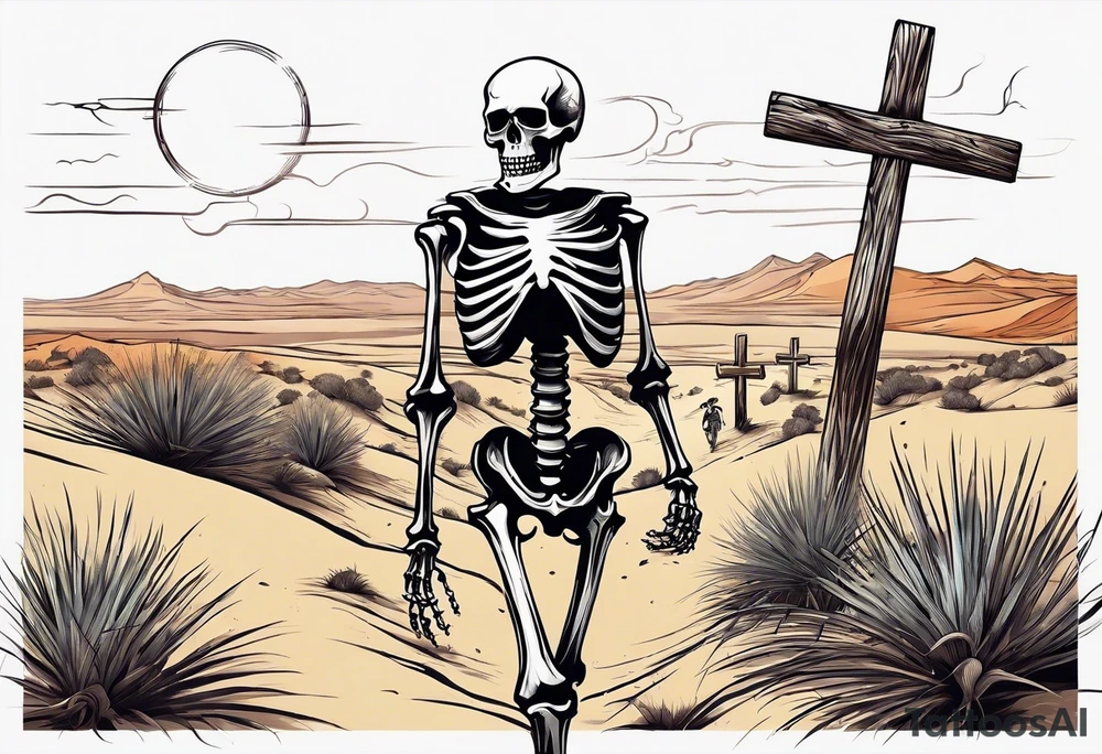 skeleton walking towards a cross in a desert tattoo idea