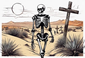 skeleton walking towards a cross in a desert tattoo idea