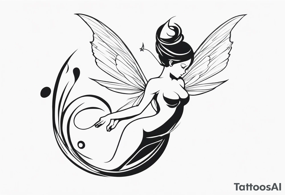 Minimalistic, monochromatic fairy with a tail flying to the left in a fetal position, leaning and looking in the same direction, with visible hands, embodying the 'Fairy Tail' logo aesthetic. tattoo idea