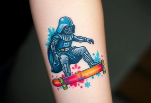 Darth Vader skateboarding >
blue. red. yellow.
skateboard words "Darth Carter"
add date 12/29/88-01/06/24 tattoo idea