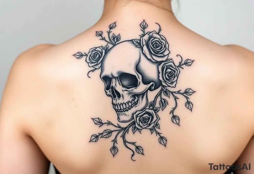 gothic skull intertwined with climbing roses and thorny vines tattoo idea