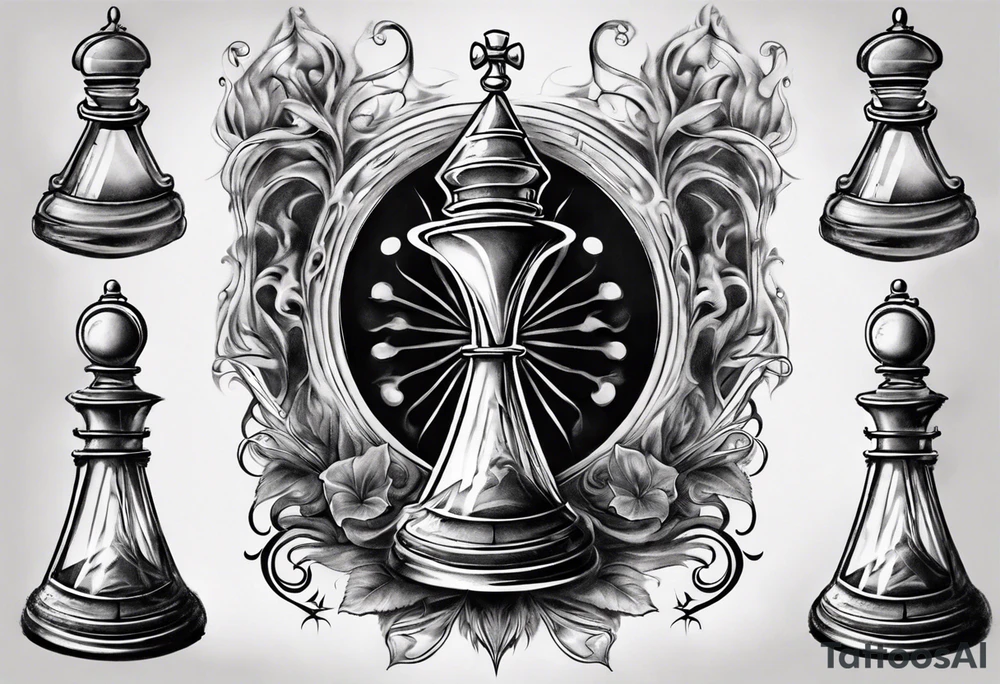 hourglass in the shape of a chess peace with filagree in the background tattoo idea