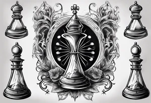 hourglass in the shape of a chess peace with filagree in the background tattoo idea