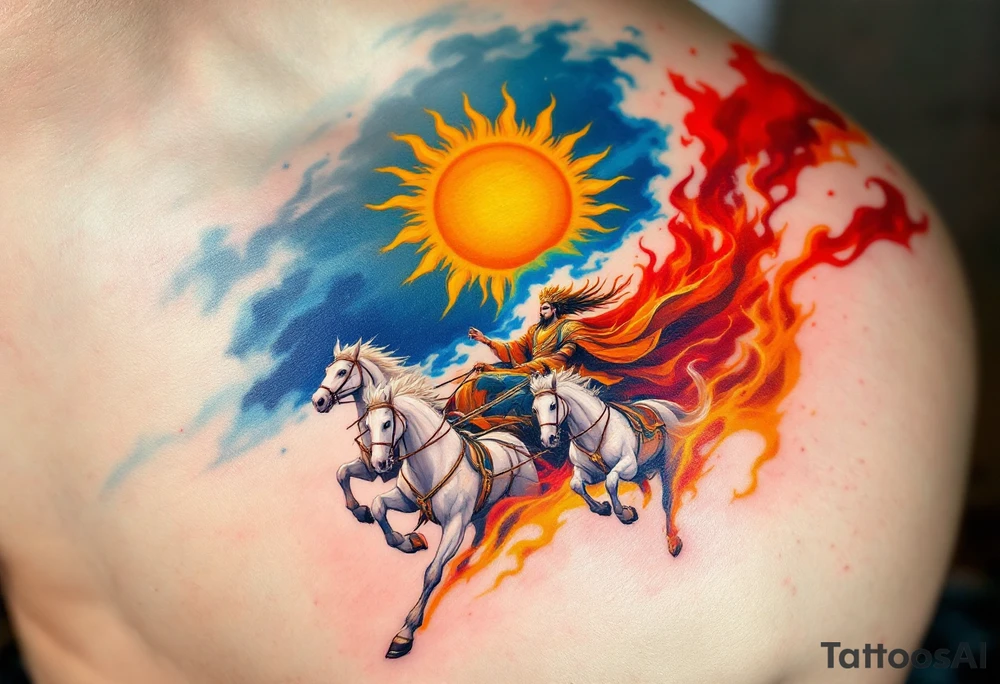 Dazhbog – A radiant sun god in fiery orange and yellow robes, riding a chariot pulled by white horses across a sky split in blue and scarlet. tattoo idea