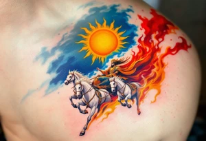 Dazhbog – A radiant sun god in fiery orange and yellow robes, riding a chariot pulled by white horses across a sky split in blue and scarlet. tattoo idea