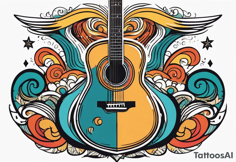 A minimalist guitar design, small in size, with clean lines and vintage detailing. The guitar represents a deep connection to music, with a classic, understated design that captures its essence without embellishments. tattoo idea