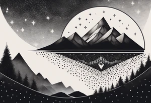 Mountain Massif, one Peak, only peak surrounded woth semi circle dashed Line, in semi circle two littel fine Stars, waves overlapping in Side, Open geometrical Forms Like Diamond with Open lines tattoo idea