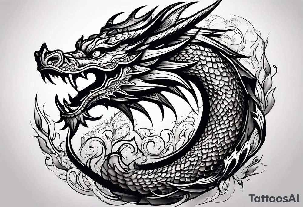 An ornate dragon breathing fire, with intricate scales and a fierce expression, symbolizing power and protection.” tattoo idea