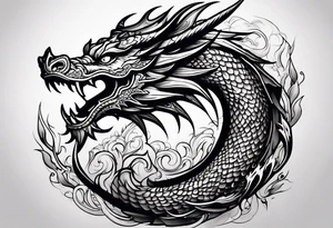 An ornate dragon breathing fire, with intricate scales and a fierce expression, symbolizing power and protection.” tattoo idea