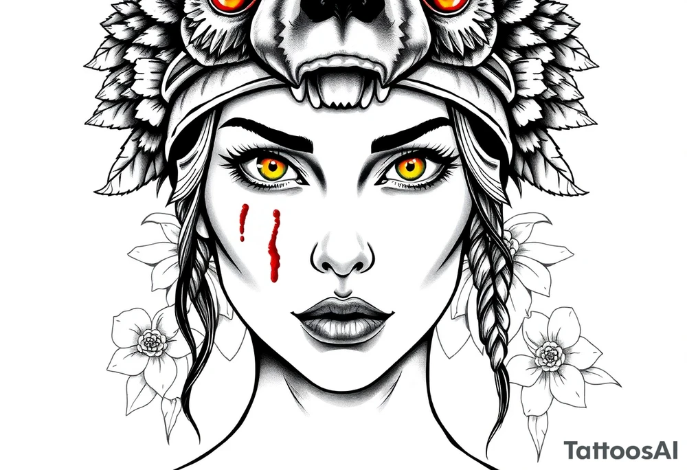 Young Symmetrical Beautiful Woman, looking forward, with colored eyes, shedding a tear, with battle scars and blood on face, with soft look, wearing a mean looking bear headdress on head, with flower background tattoo idea