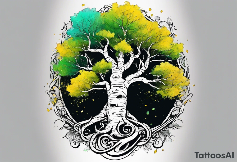 birch tree and includes the following wording "fuck cancer"
with yellow, green and aquamarine colours tattoo idea