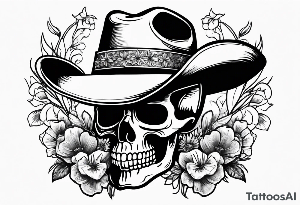 Mexican skull wearing cowboy hat with paintbrushes and bluebonnets flowers tattoo idea