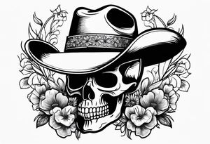Mexican skull wearing cowboy hat with paintbrushes and bluebonnets flowers tattoo idea