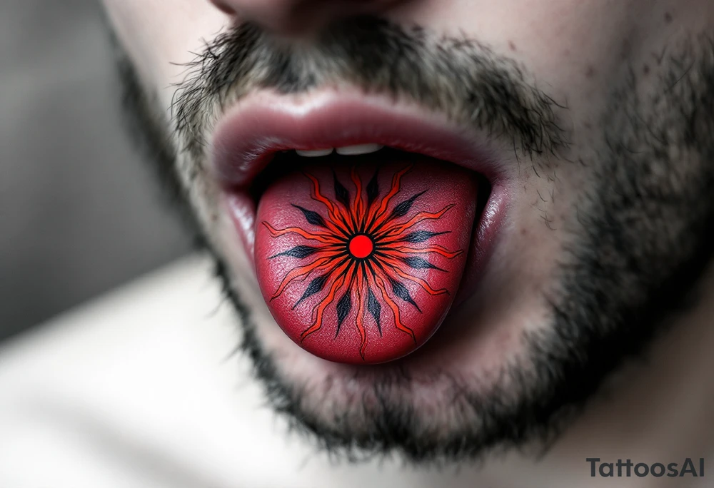 A bold crimson Kolovrat (Slavic sun symbol) tattoo sits centered on the tongue, its eight fiery red arms radiating outward with fine black outlines, creating a striking contrast against the natural pink flesh. tattoo idea