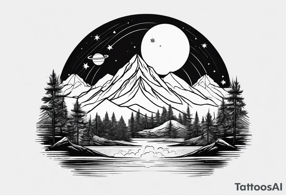 line art mountain vs space tattoo idea