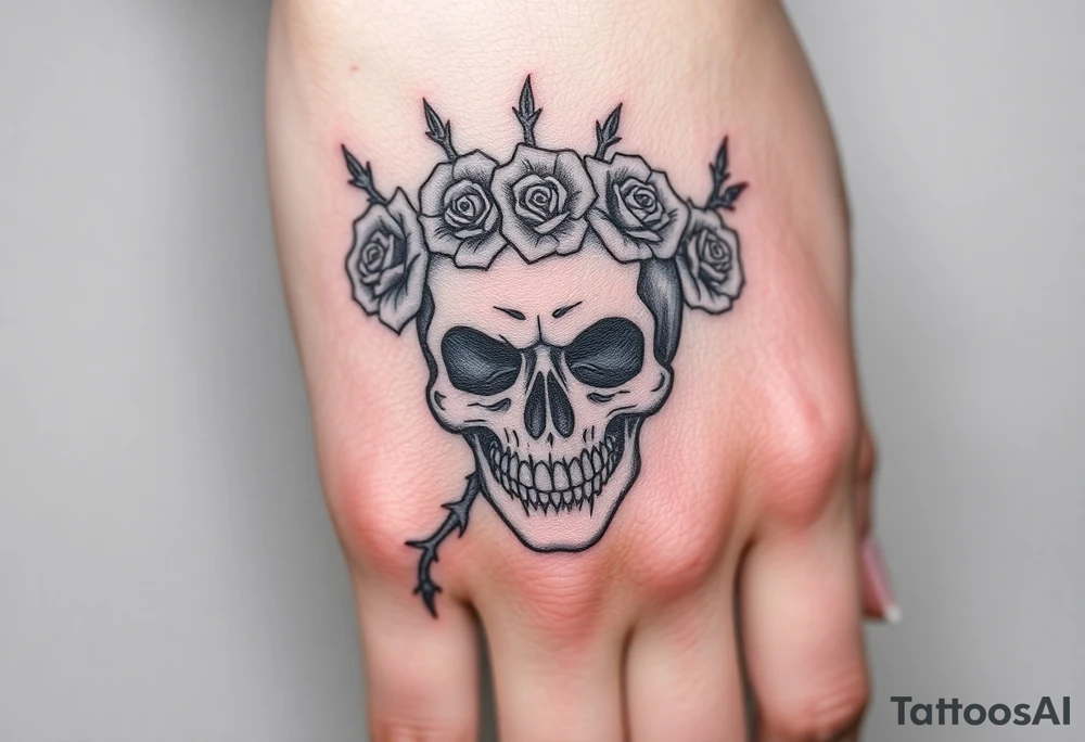 ornate skull adorned with crown of wild roses and thorns tattoo idea