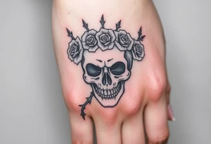 ornate skull adorned with crown of wild roses and thorns tattoo idea