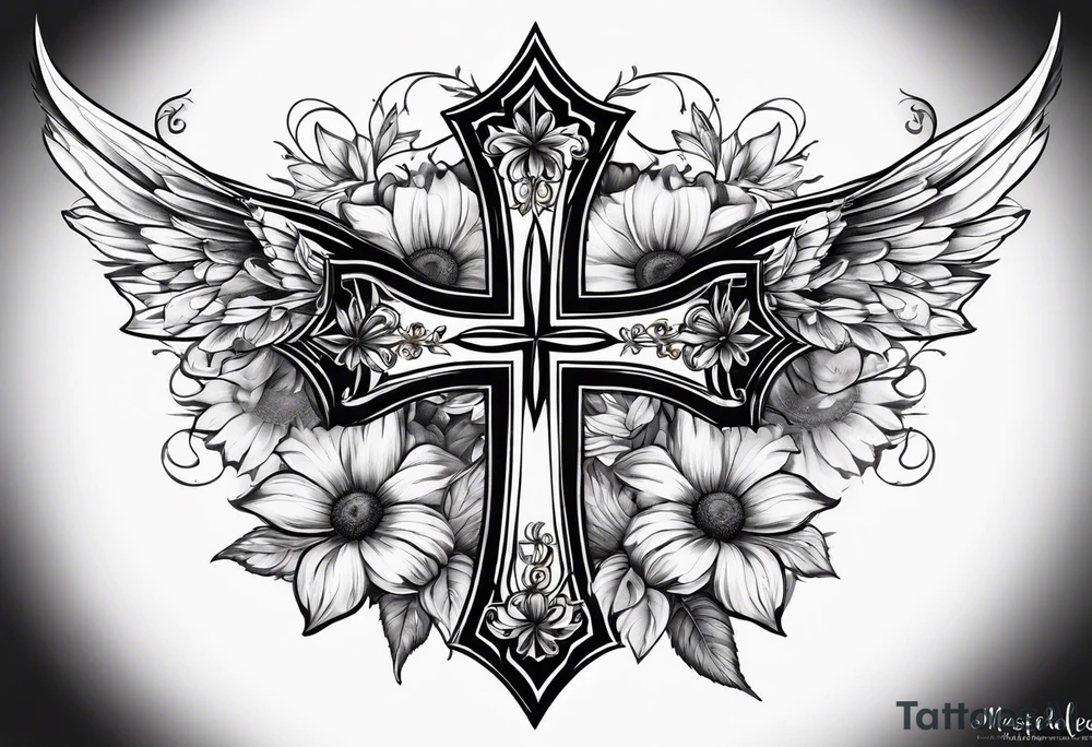 Winged cross with sunflower flowers and butterflies calf sleeve tattoo idea