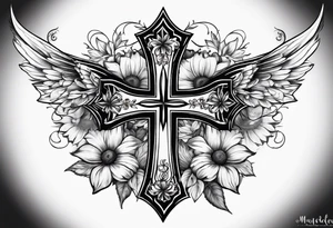 Winged cross with sunflower flowers and butterflies calf sleeve tattoo idea