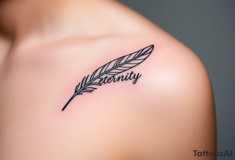 A sleek monochrome feather in black ink, with the word "Eternity" seamlessly integrated into the quill, creating a timeless and sophisticated look tattoo idea