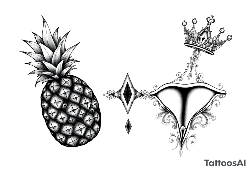 Pineapple, diamonds, crown, Design to be around vagina and anus inline with each other tattoo idea