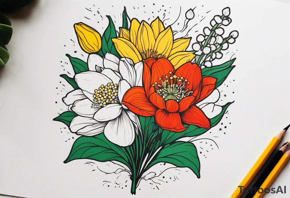 Poppy, water lily, Lily of the valley, daffodil, cosmo flower bouquet, portrait style tattoo idea