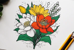 Poppy, water lily, Lily of the valley, daffodil, cosmo flower bouquet, portrait style tattoo idea