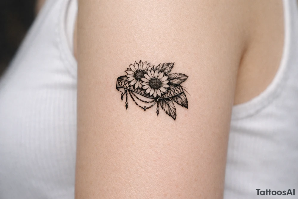 sunflowers with feathers and female Indian tribal ribbon tattoo idea