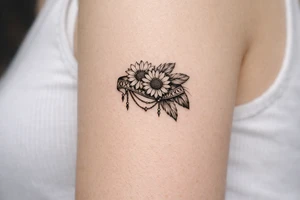 sunflowers with feathers and female Indian tribal ribbon tattoo idea