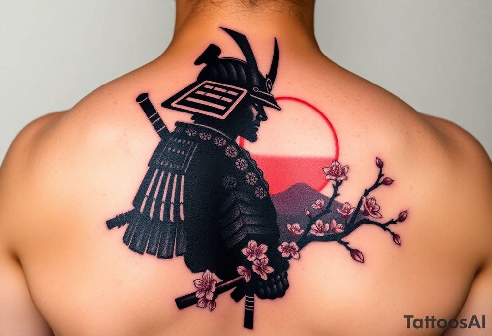 noble samurai warrior silhouette at sunset with cherry blossoms tattoo idea