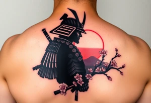 noble samurai warrior silhouette at sunset with cherry blossoms tattoo idea