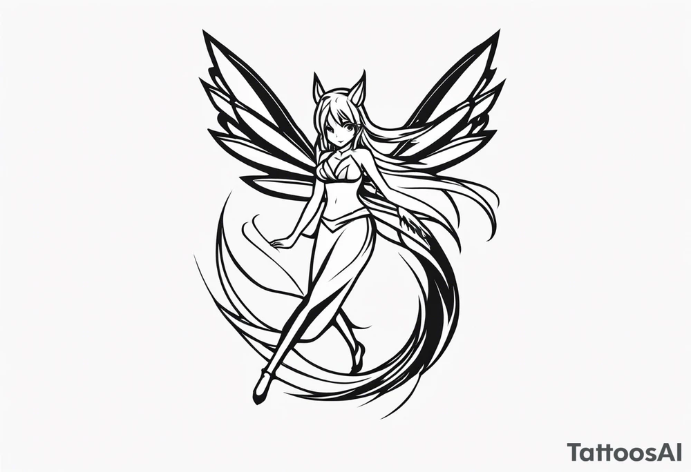 A fairy with a tail that is the fairy in the Fairy Tail anime guild logo in the same position tattoo idea