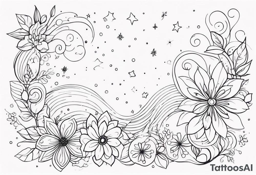 fine line floral with stars, swirls, dots tattoo idea