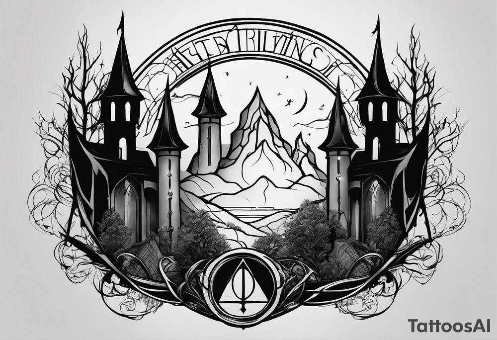 Lord of the rings with Harry Potter incorporated but clear visual of both movies. Small and minimal. Something like the deathly hallows symbol made out of swords and wizard staff from LOTR tattoo idea