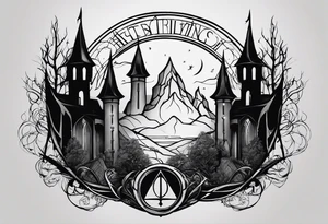 Lord of the rings with Harry Potter incorporated but clear visual of both movies. Small and minimal. Something like the deathly hallows symbol made out of swords and wizard staff from LOTR tattoo idea