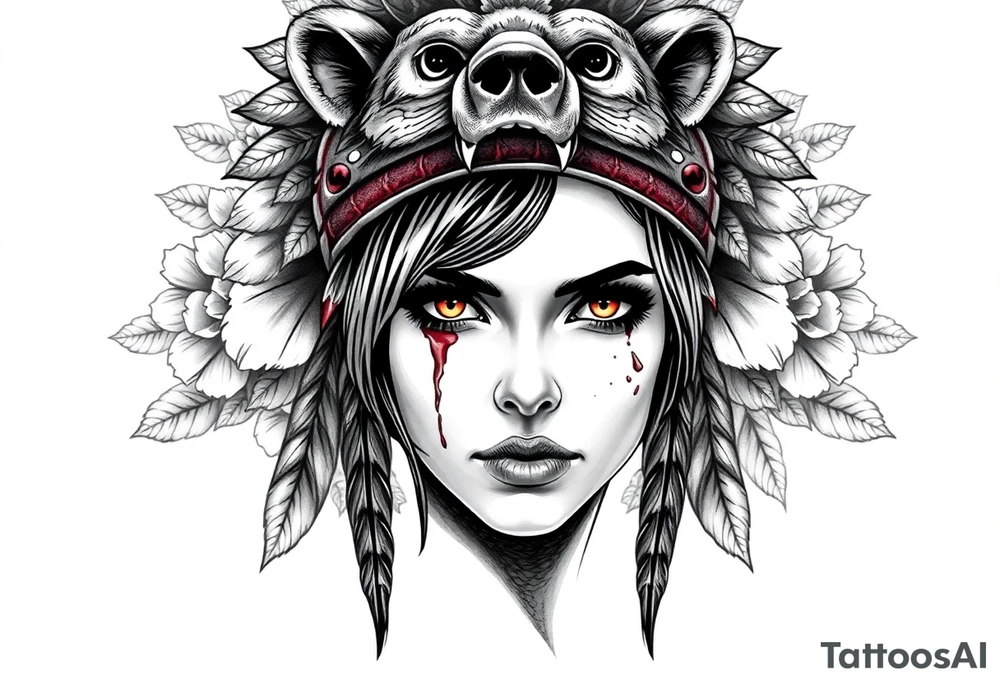 Symmetrical Beautiful Woman, looking forward, with colored eyes, shedding a tear, with battle scars and blood on face, with soft look, wearing a mean looking bear headdress on head, with flower background tattoo idea