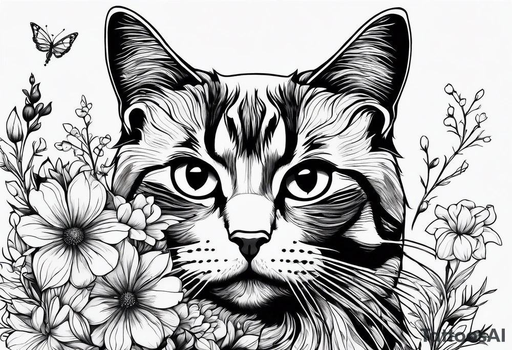 Cat looking up at a cardinal bird surrounded by flowers tattoo idea