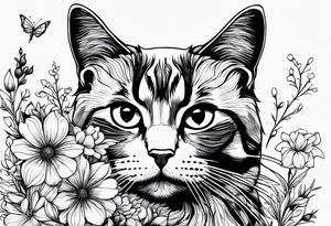 Cat looking up at a cardinal bird surrounded by flowers tattoo idea