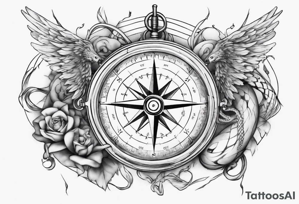 Compass tatoo with Gemini angels and snake tattoo idea