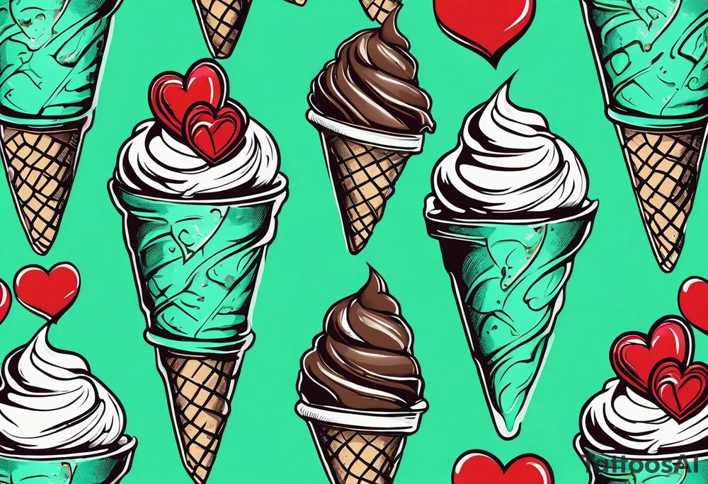 mint chocolate chip ice cream cone with small red heart on it somewhere. tattoo idea